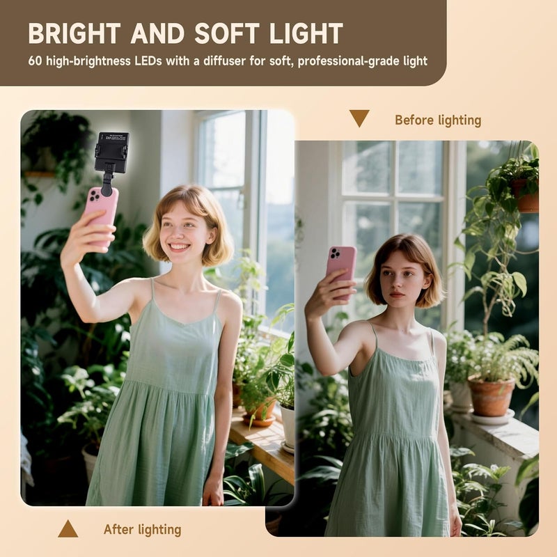 إي وورلد إضاءة سيلفي قابلة لإعادة الشحن مع 60 مصباح LED، إضاءة فيديو محمولة بمشبك للهواتف واللابتوب والكاميرا – لون أسود - Image 4